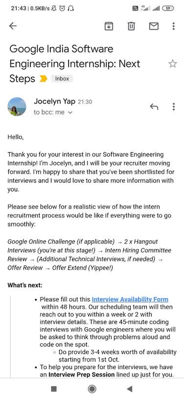 Gmail: Google India SWE Internship next steps