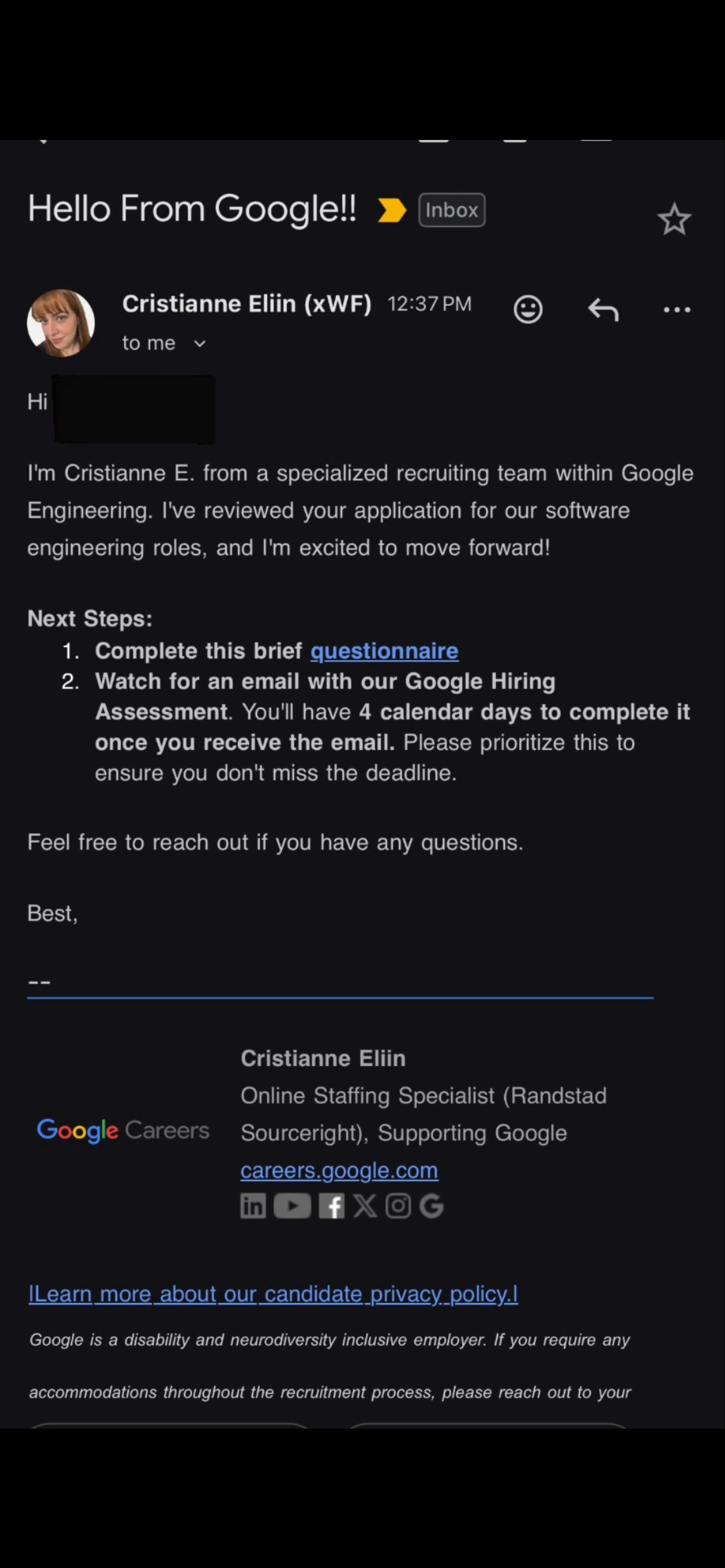 Gmail: Hello From Google dark mode